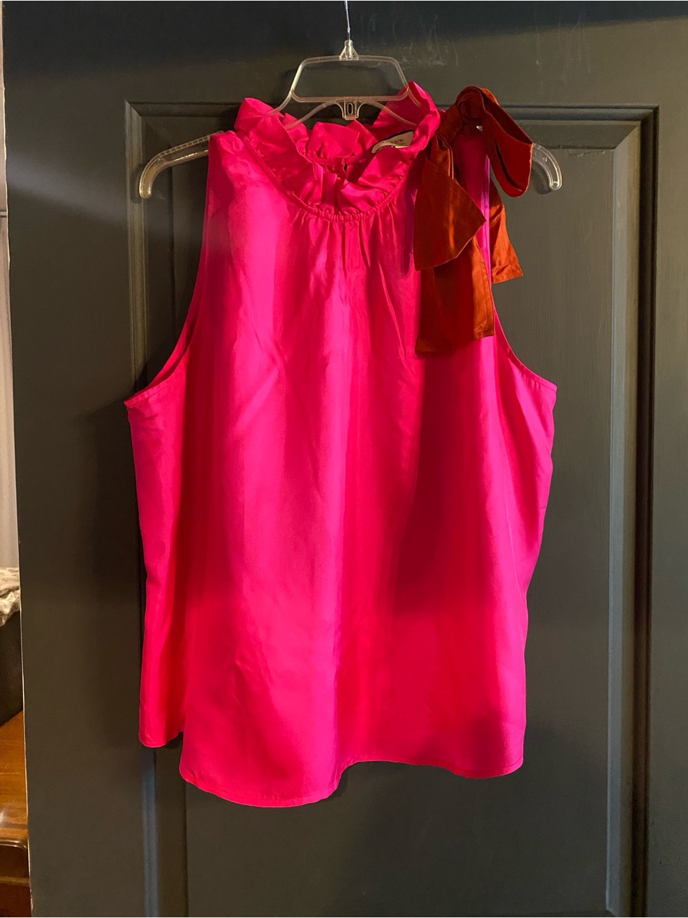 J. Crew Fuchsia Ruffled Sleeveless Top with Orange Bow